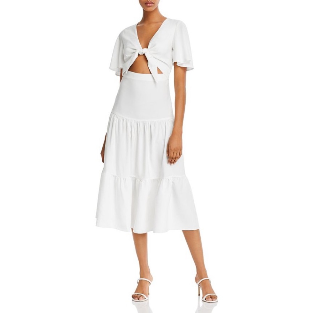 Lani The Label tie front cut out white tiered midi dress
